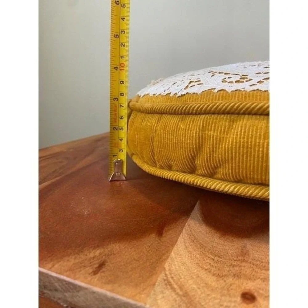 Round Throw Pillow Yellow Corduroy White Lace Accent Cottagecore Vintage Mustard